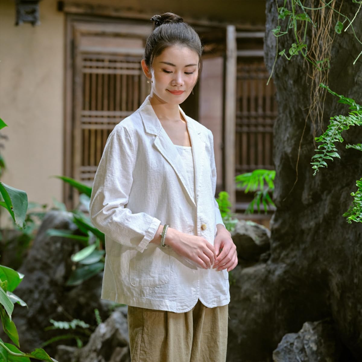 Womens Summer Cotton Linen Blazer Jackets 3/4 Long Sleeve Notch Lapel One Button Suit Coat Jackets