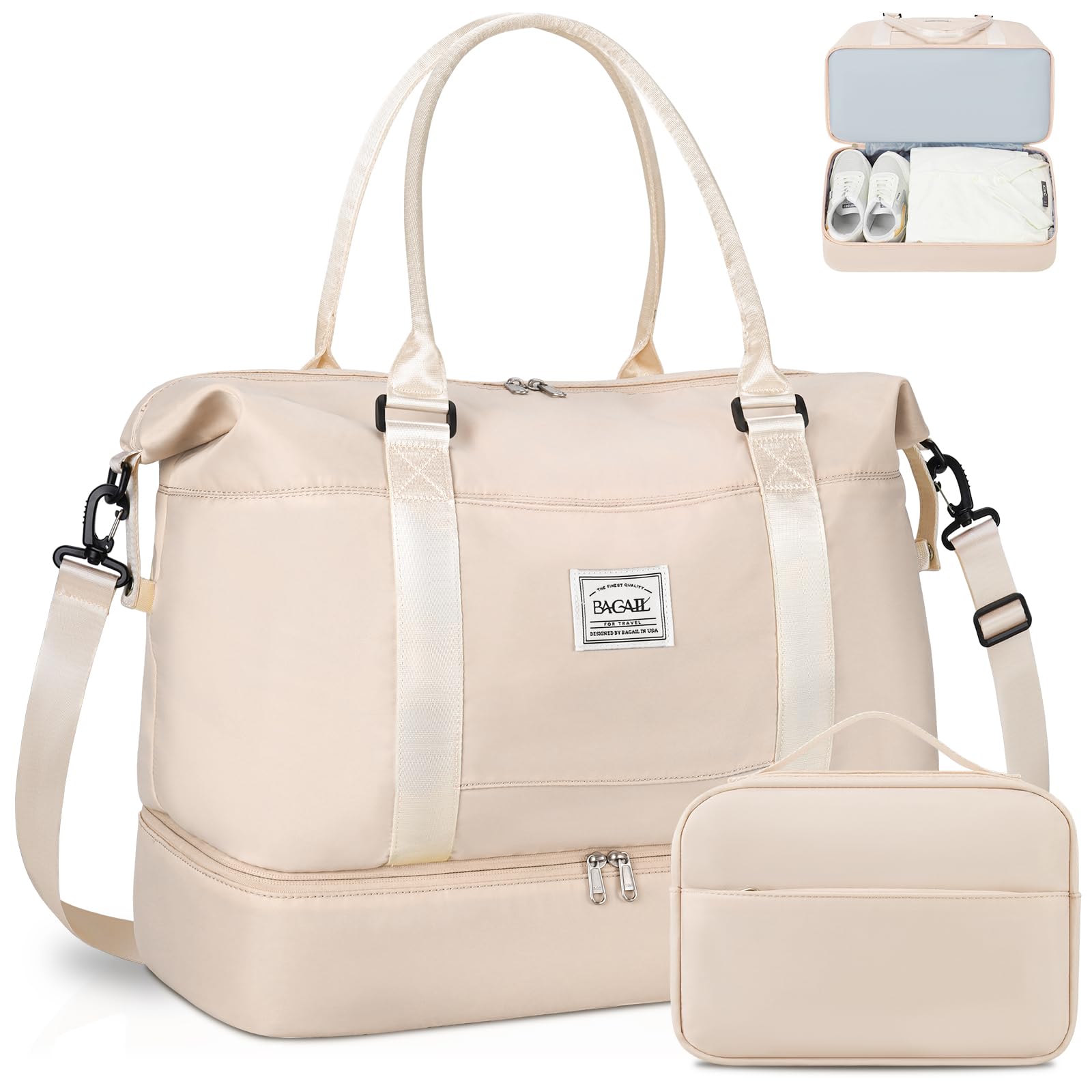 BAGAIL Travel Duffel Bag, Weekender Bags for Women, Overnight Gym Carry On Tote Bag with Wet Pocket, Hospital Mom Bag for Labor and Delivery - Extra Large Set, Beige