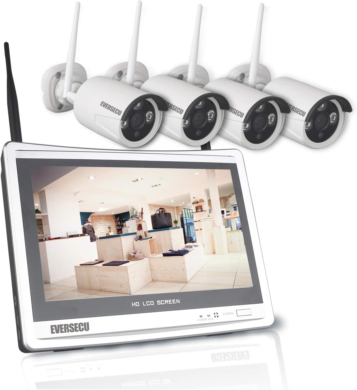 EVERSECU 1080P Home Security Camera System Wireless with 12 Inch Monitor WiFi Surveillance NVR Kits, 4 Channel WiFi Video Security System with 4Pcs 2.0MP IP Cameras,Free APP(No HDD)