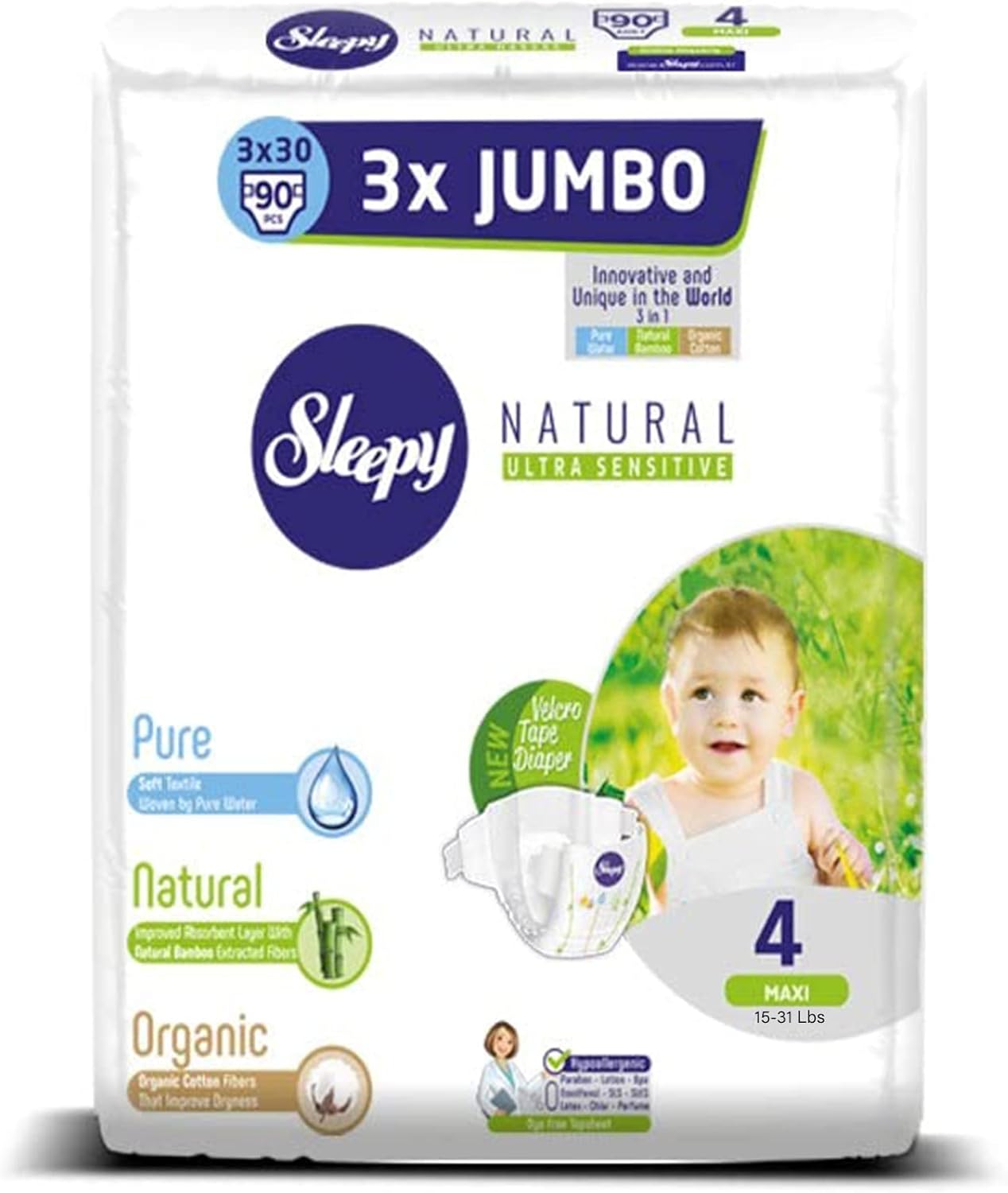 SOHO|Sleepy 3X Jumbo Natural Baby Diapers, Made from Organic Cotton and Bamboo Extract, Ultimate Comfort and Dryness, Diapers- Size 4 MAXI (Child Weight 15-31 Lbs,90 Count)