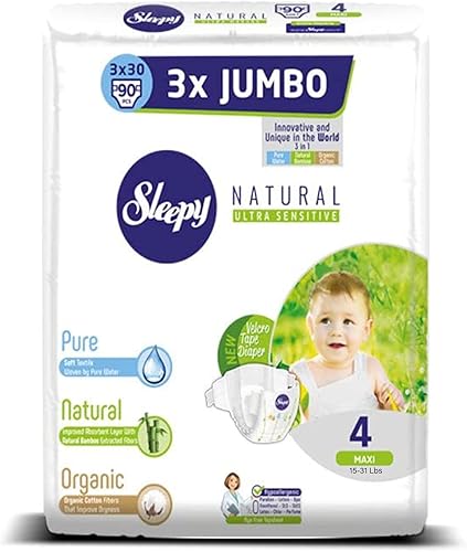 Sleepy 3X Jumbo - Pañales naturales para bebé, hechos de algodón orgánico y extracto de bambú, máxima comodidad y sequedad, 60 unidades, talla 6 XL,