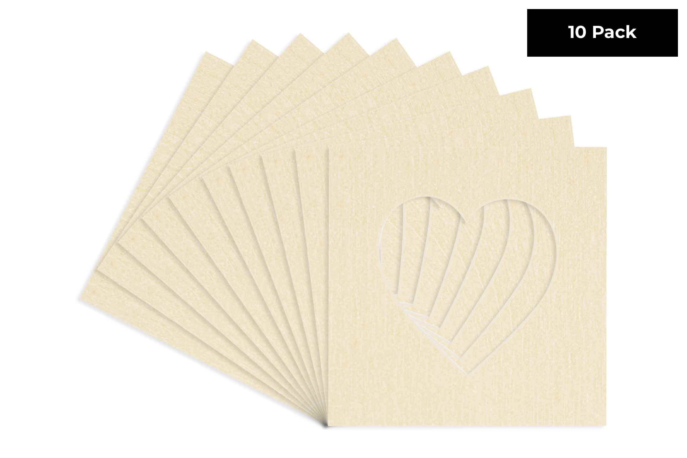 Fresh Linen Canvas Acid Free 8x8 Heart Picture Frame Mat with White Core Bevel Cut for 4x4 Pictures - Fits 8x8 Frame - Pack of 10 Matboard Show Kits With Acid Free Backings & Clear Bags