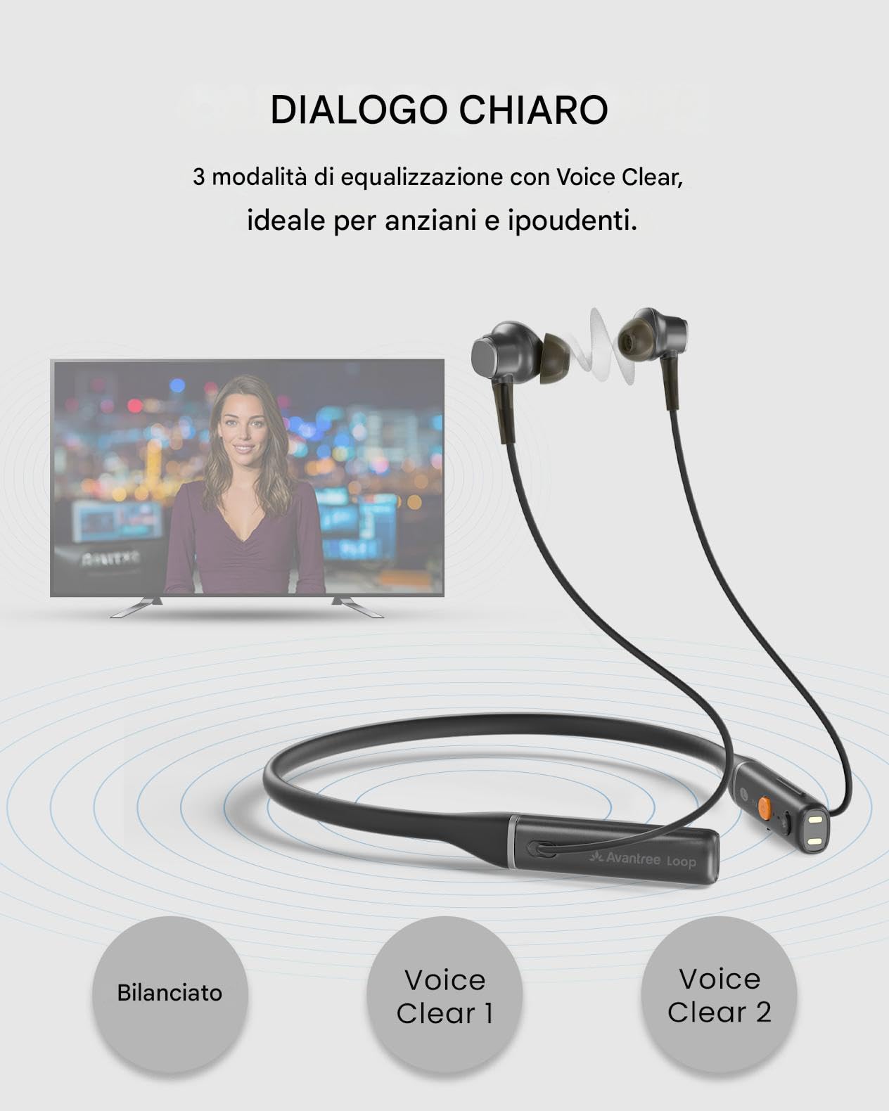 Avantree Loop – Auracast & Bluetooth Auricolari con Audio a Bassa Latenza, 3 Modalità EQ con Voice Clear, Cuffie In-Ear con Archetto da Collo Comode per TV, PC, Telefono e Ascolto Quotidiano