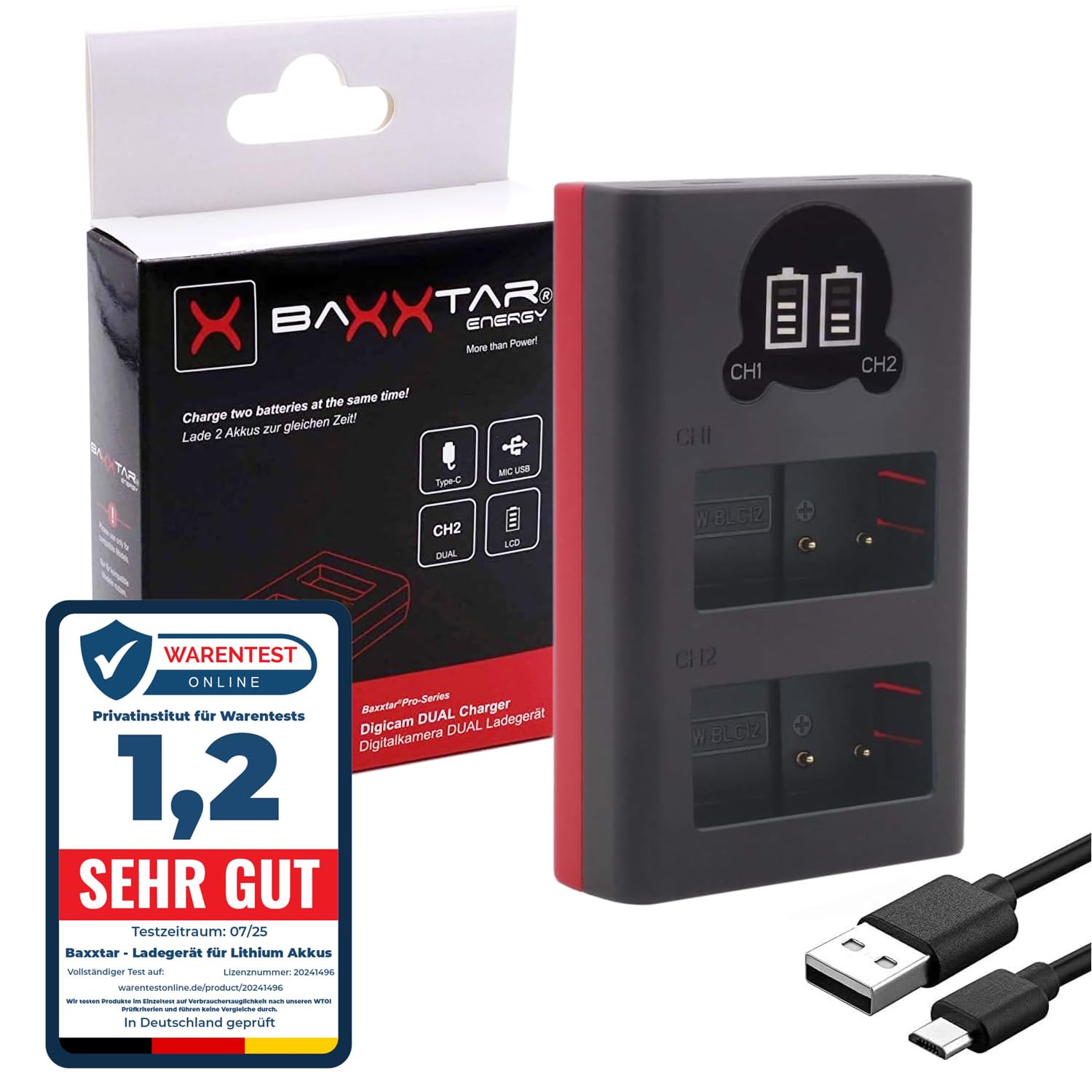 Baxxtar DMW-BLC12 E BP-DC12 Akku Ladegerät - Mini LCD Dual (18622) - Versorgung über USB-C oder Micro-USB