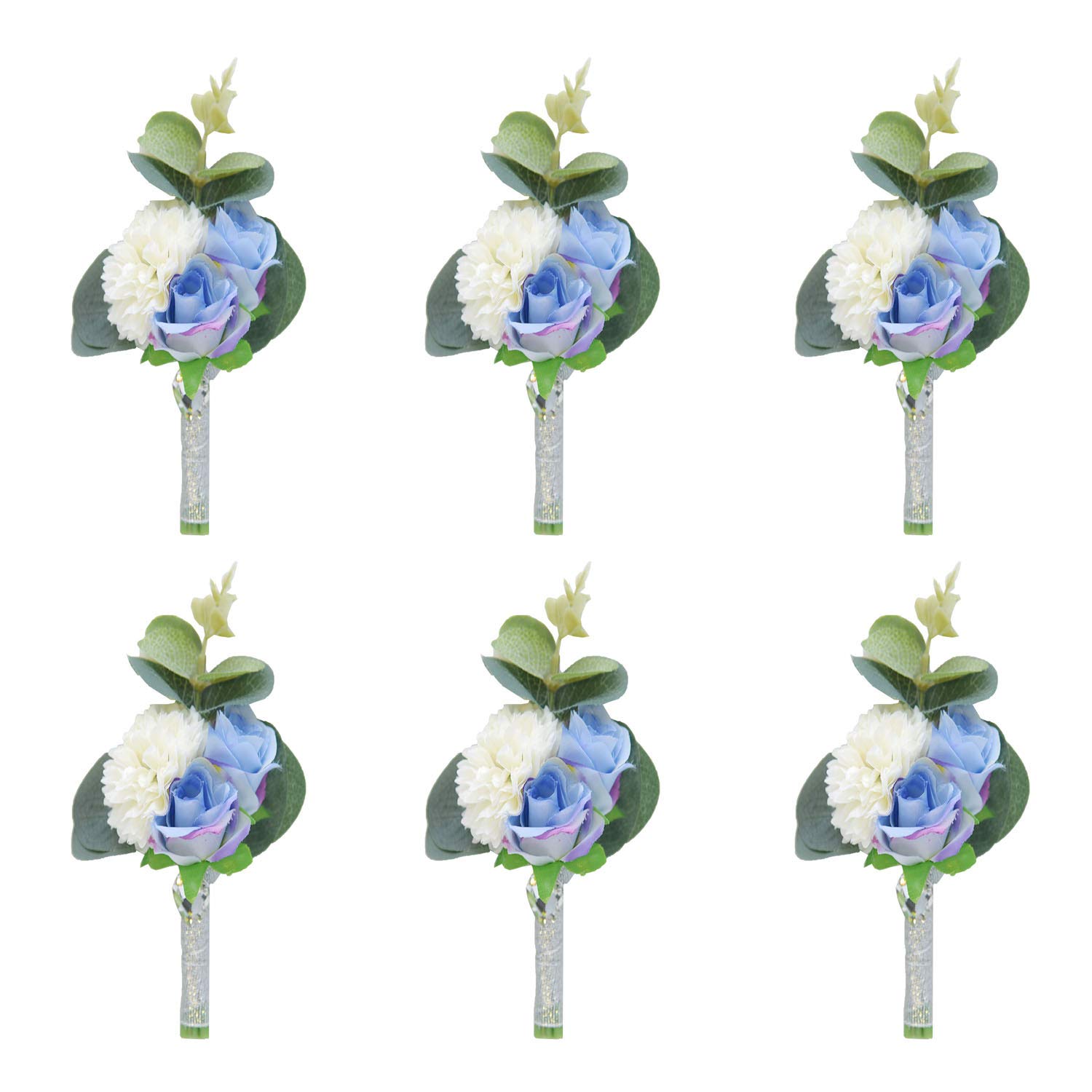 Amyseller Men's Blue Set Of 6 Wedding Boutonniere Buttonholes Rose Flower Groom Grooms Man Boutineer Flowers Corsage Homecoming Prom Party Suit Decor