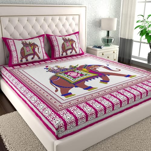 Image of La Verne 104 TC Cotton Double Bed Bedsheet Jaipuri Rajasthani Print Bedsheet with 2 Pillow Covers