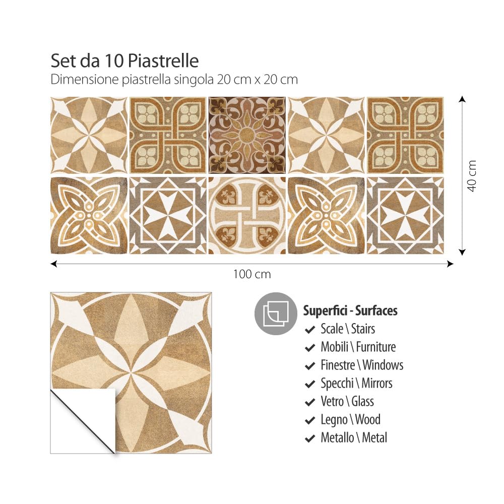 RE-COVERTILES - Adesivi per Piastrelle Bagno e Cucina 10 Pz 20x20 cm - PS00146 Decorazione murale in PVC impermeabile mattonelle mosaico stile cementine Azulejos