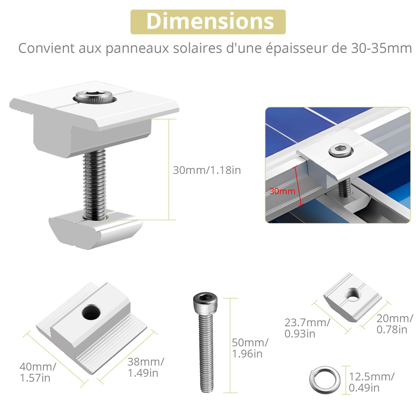 Anbte Lot de 10 Pinces Centrales de 30 mm en Alliage d'Aluminium en T Support de Montage avec 10 Vis M8 x 48 mm pour Panneau solaire photovoltaïque