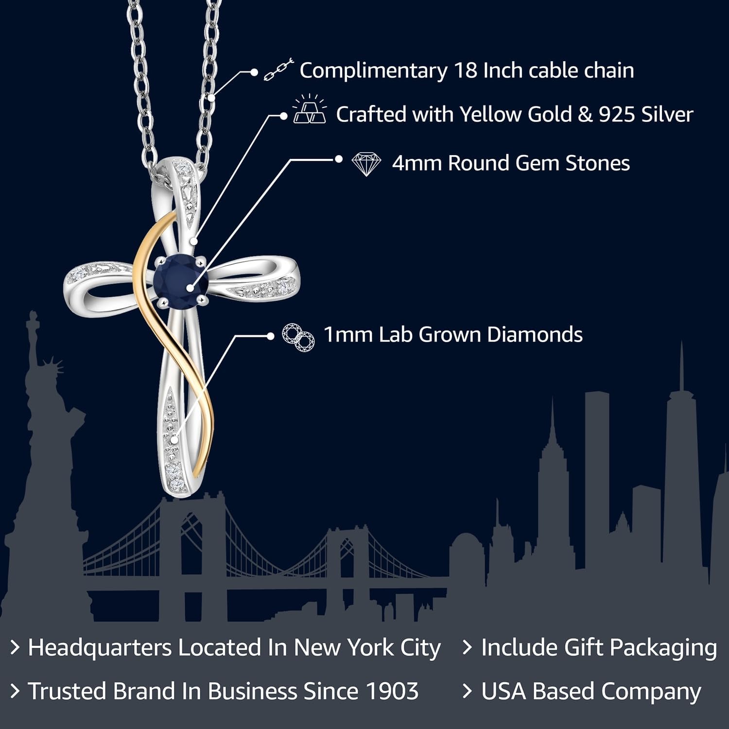 Gem Stone King Infinity Cross Necklace For Women | 925 Sterling Silver and 10K Yellow Gold | Gemstone Birthstone and White Lab Grown Diamond Cross Faith Pendant Necklace | With 18 Inch Chain - Image 4