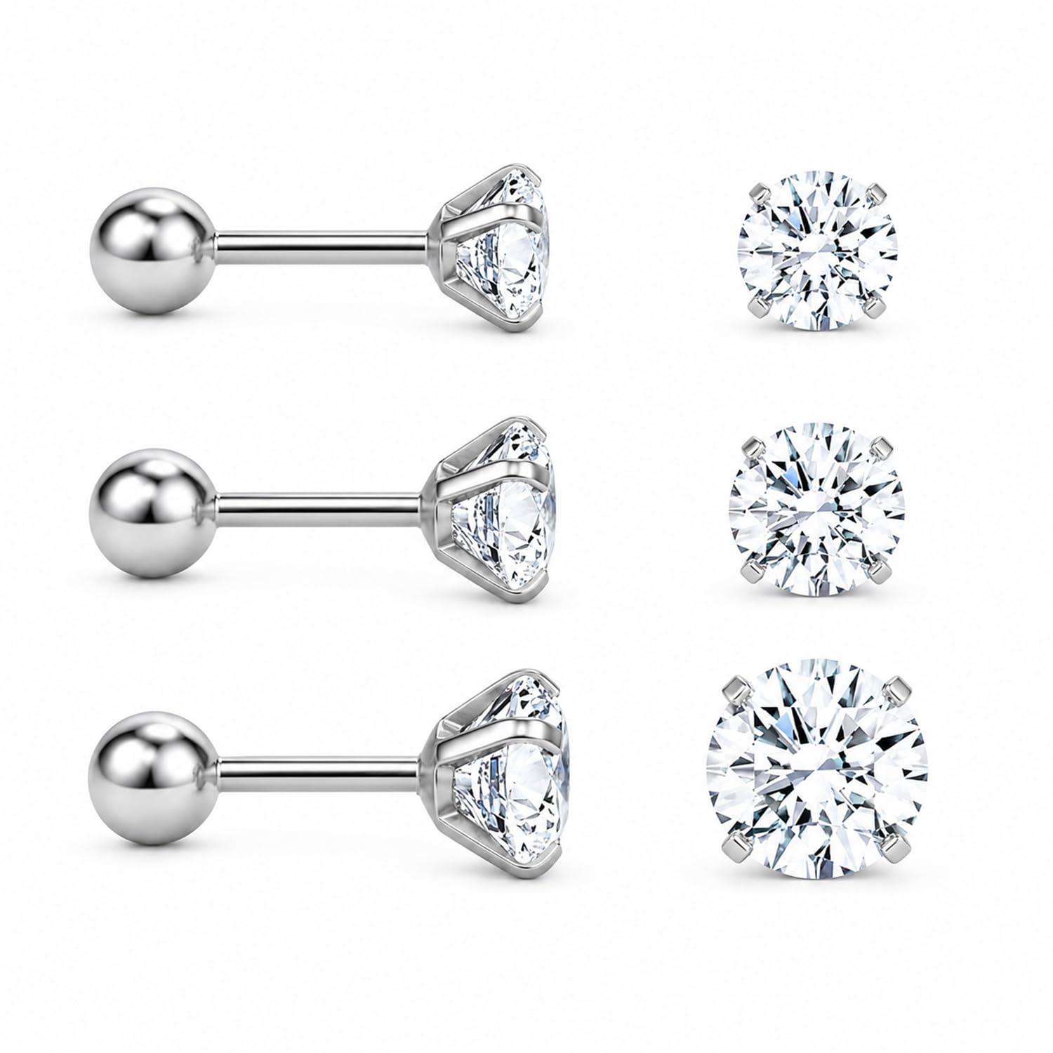 FASHIONS 3 Pair 18K Silver Plated Stainless Steel Anti Tarnish CZ Stone Ear Studs 6 7 8mm Multiple Piercing Round Ball Back Lightweight Hypoallergenic Stud Earrings Combo Set For Men & Boys-image-14