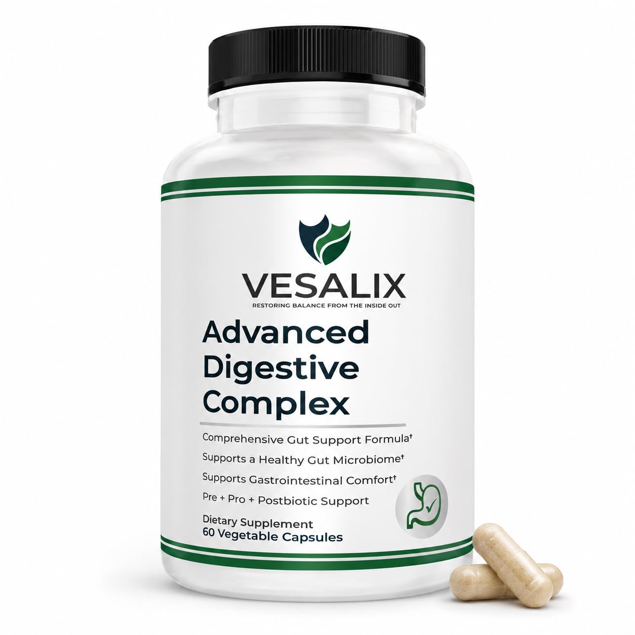 VESALIX Suplemento digestivo prebiótico, probiótico e pós-biótico, PreforPro 15 mg, 60 cápsulas