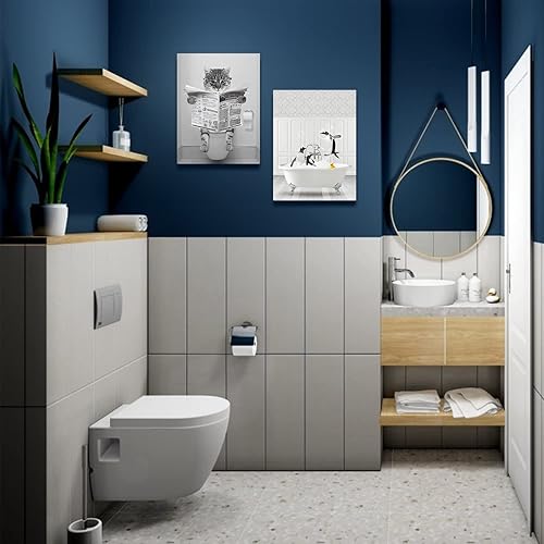 Miniatura 5 de Divertido lienzo de pared de gato en blanco y negro, decoración moderna de pared de baño, gato sentado en el inodoro, lectura de periódicos, pintura