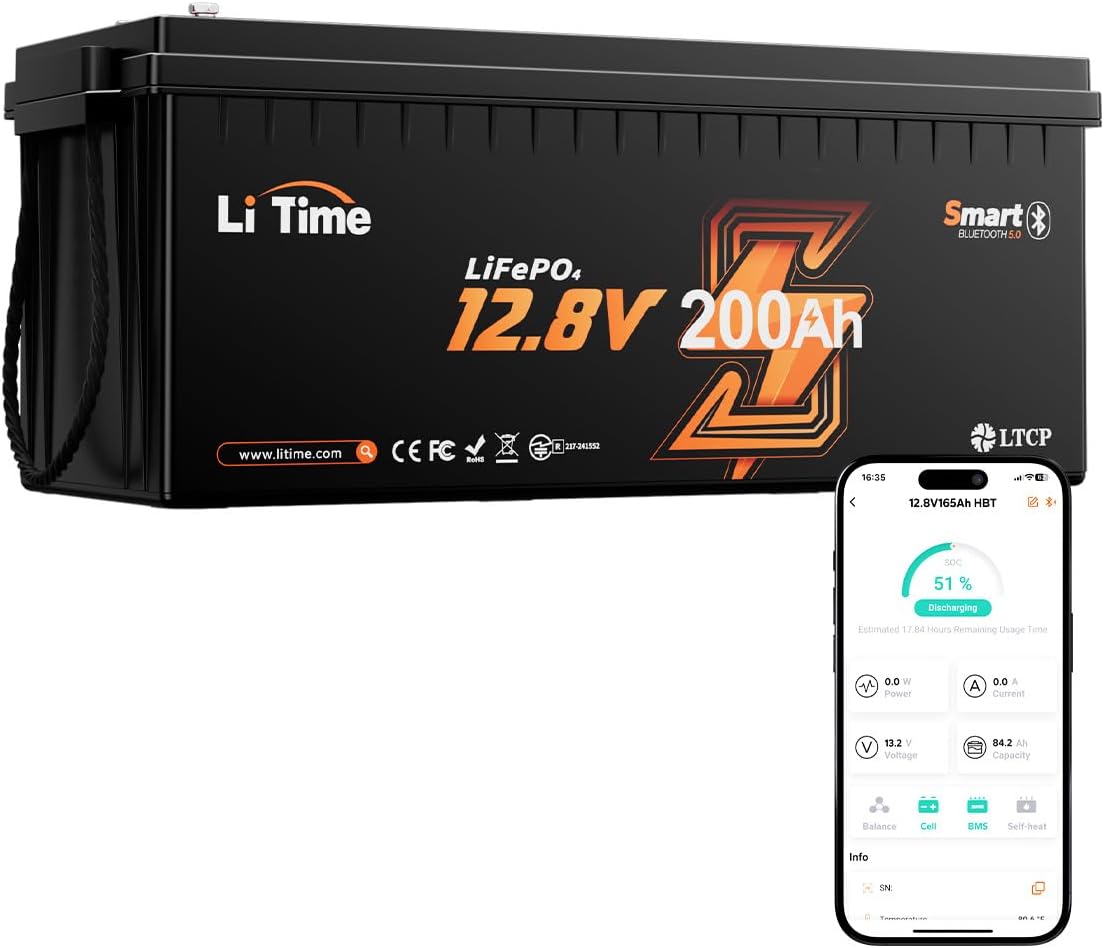Litime 12V 200Ah LiFePO4 Lithium Deep Cycle Battery Bluetooth, Low-Temp Protection, 2560Wh Energy Max. 1280W Load, Built-in 100A BMS, Up to15000 Cycles, Perfect for RV, Solar Energy Storage