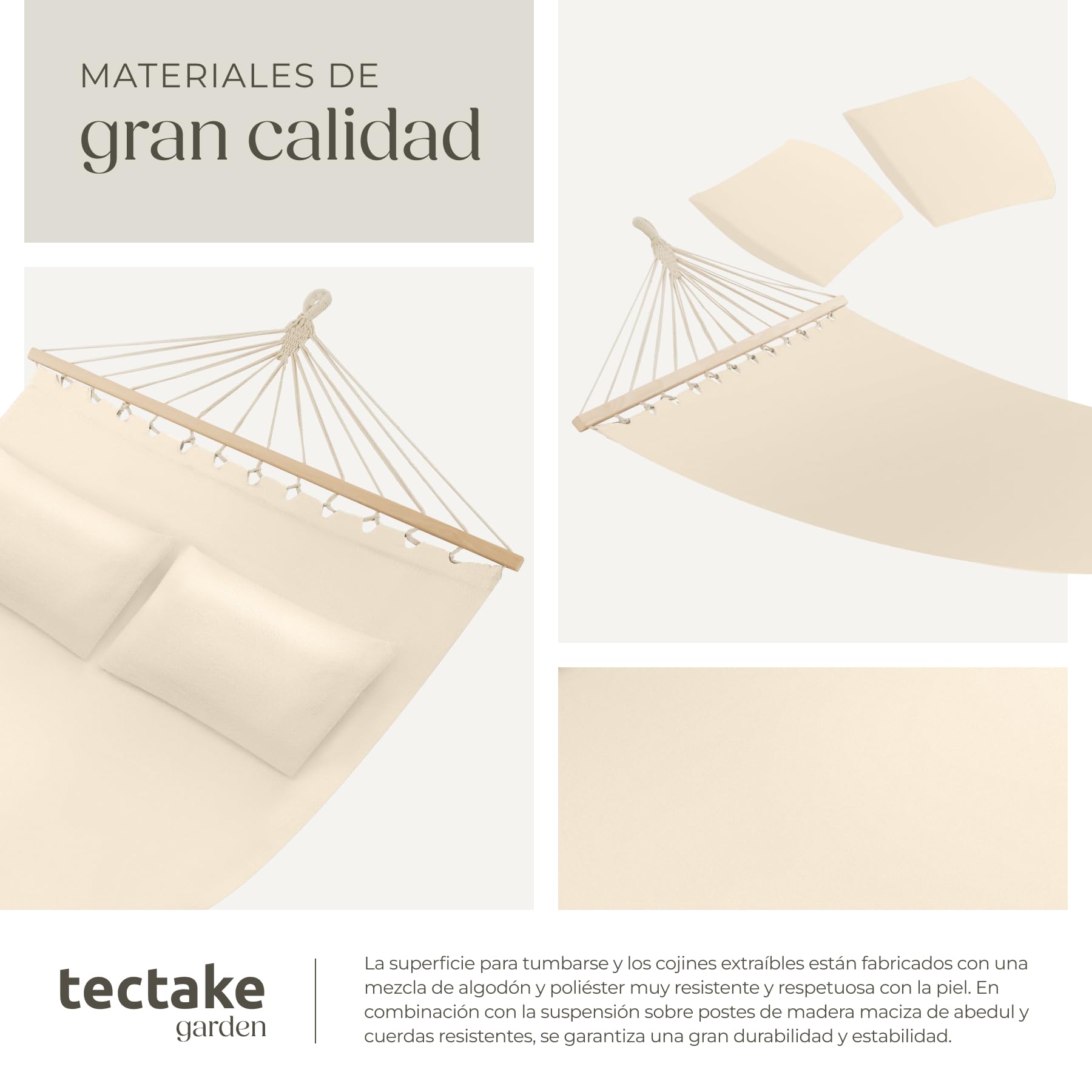 tectake® Hamaca Doble para Jardín, Estructura Hamaca Estable con Cojines Extraíbles, Tumbonas Jardin Exterior Ideal para Camping Accesorios, Terraza o Porche - 325 x 150 x 2,5 cm Beige