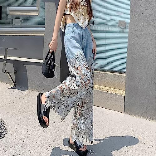 Summer Loose and Versatile Hollow Out Lace Stitching Denim Pants Women High Waist Wide Leg Pants Casual Trousers3