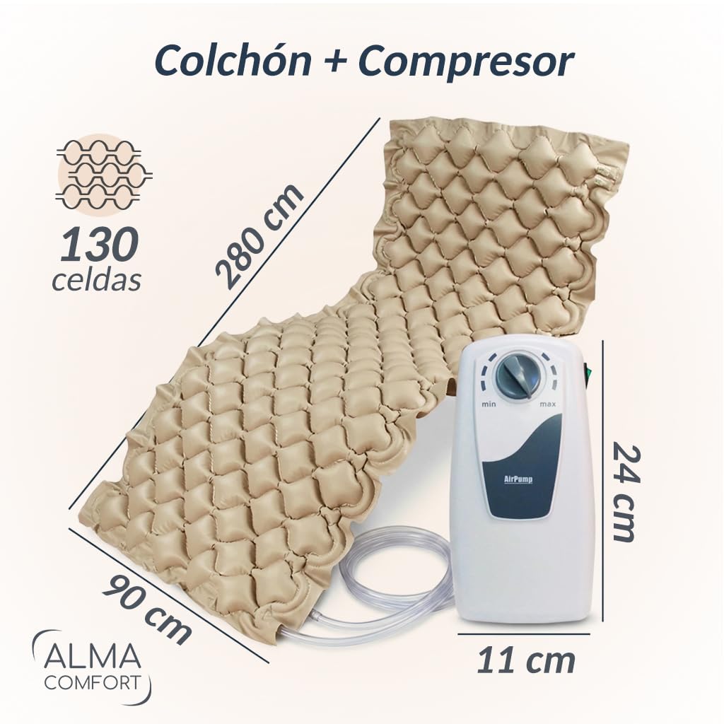 ALMA Colchón Antiescaras de Presión Alternada con Compresor G11, 130 Celdas, Silencioso y Ajustable, Impermeable, Dispositivo Médico para Cama de 90 cm, Prevención de Úlceras en Encamados, hasta 135kg