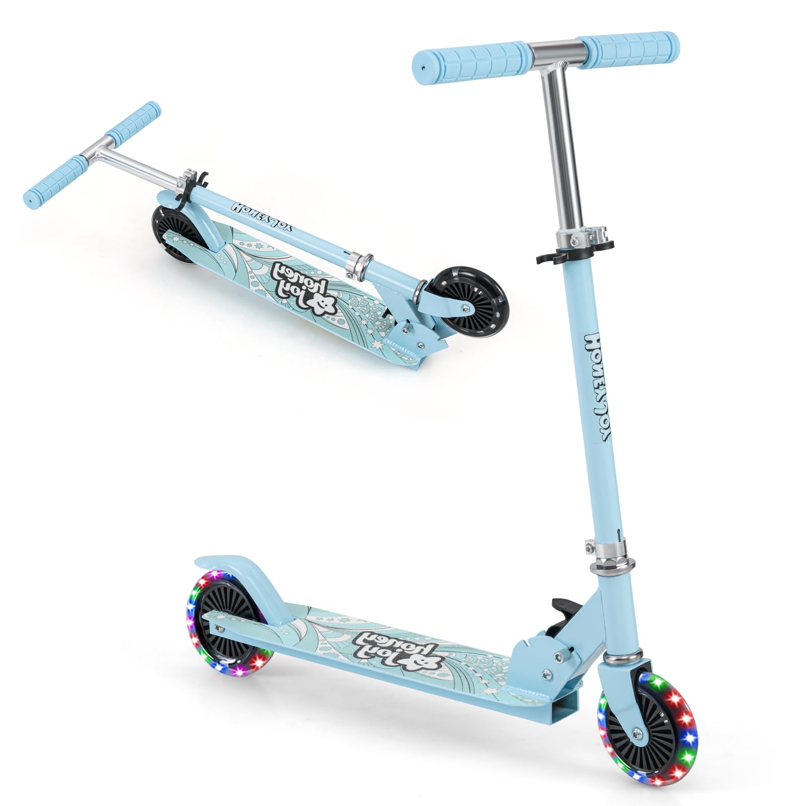 KOMFOTTEU Patinete para Niños, Patinete Infantil con 2 Ruedas LED y Freno, Monopatín Plegable con 3 Alturas Ajustables, Scooter de Aluminio con Carga 50 kg, para Niños