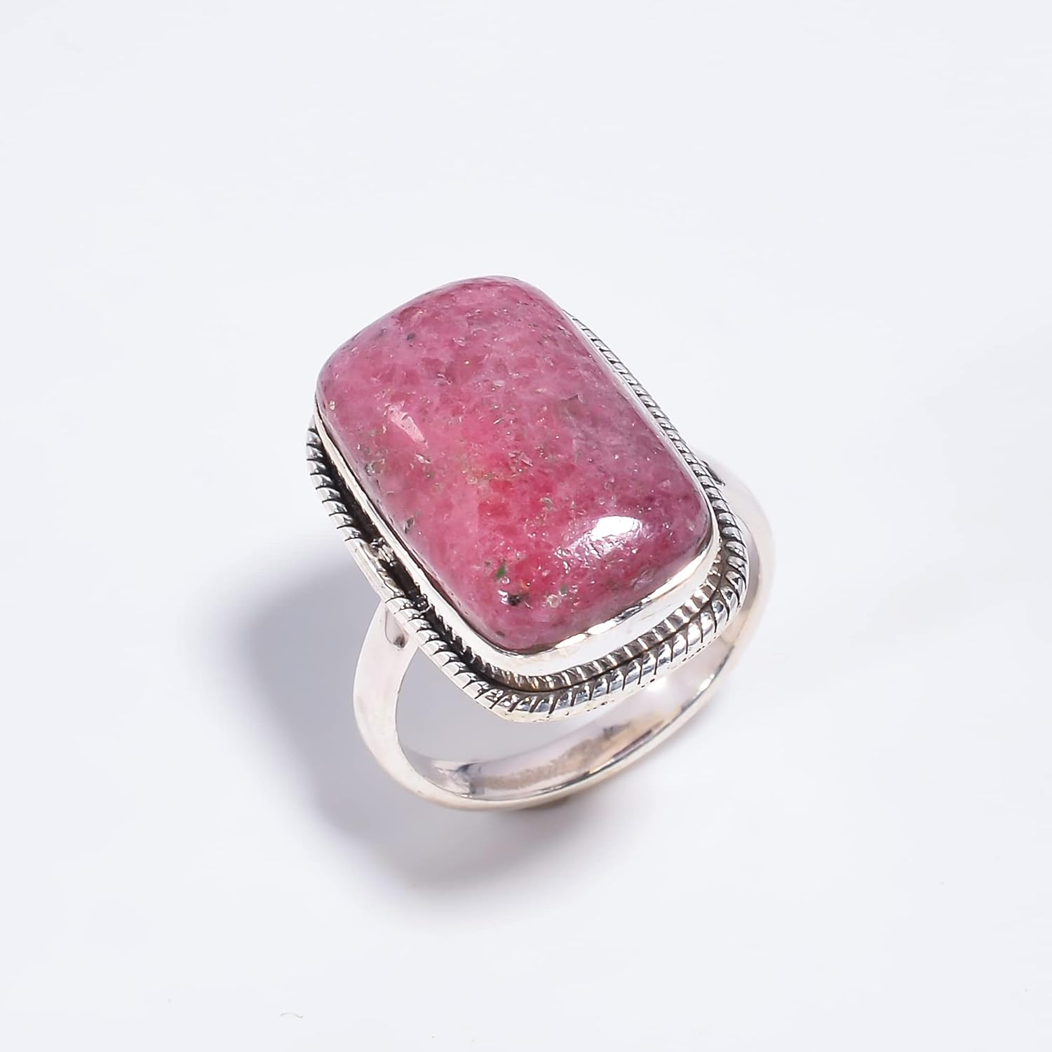 925 Sterling Silver Statement Ring For Women's || Mind Blowing A One Quality 100% Natural Rhodonite Radiant Vintage Style Handmade 925 Sterling Silver Ring 8 US 7.9 gms.
