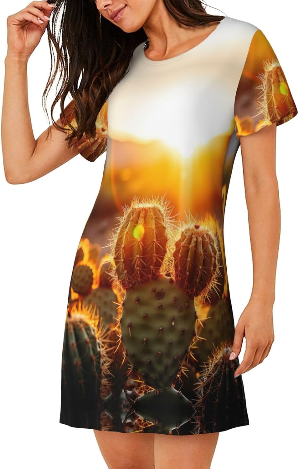 Saguaros at Sunset Print Sleep Shirts for Women Short Sleeve Night Shirts for Sleeping Pullover Nightgown