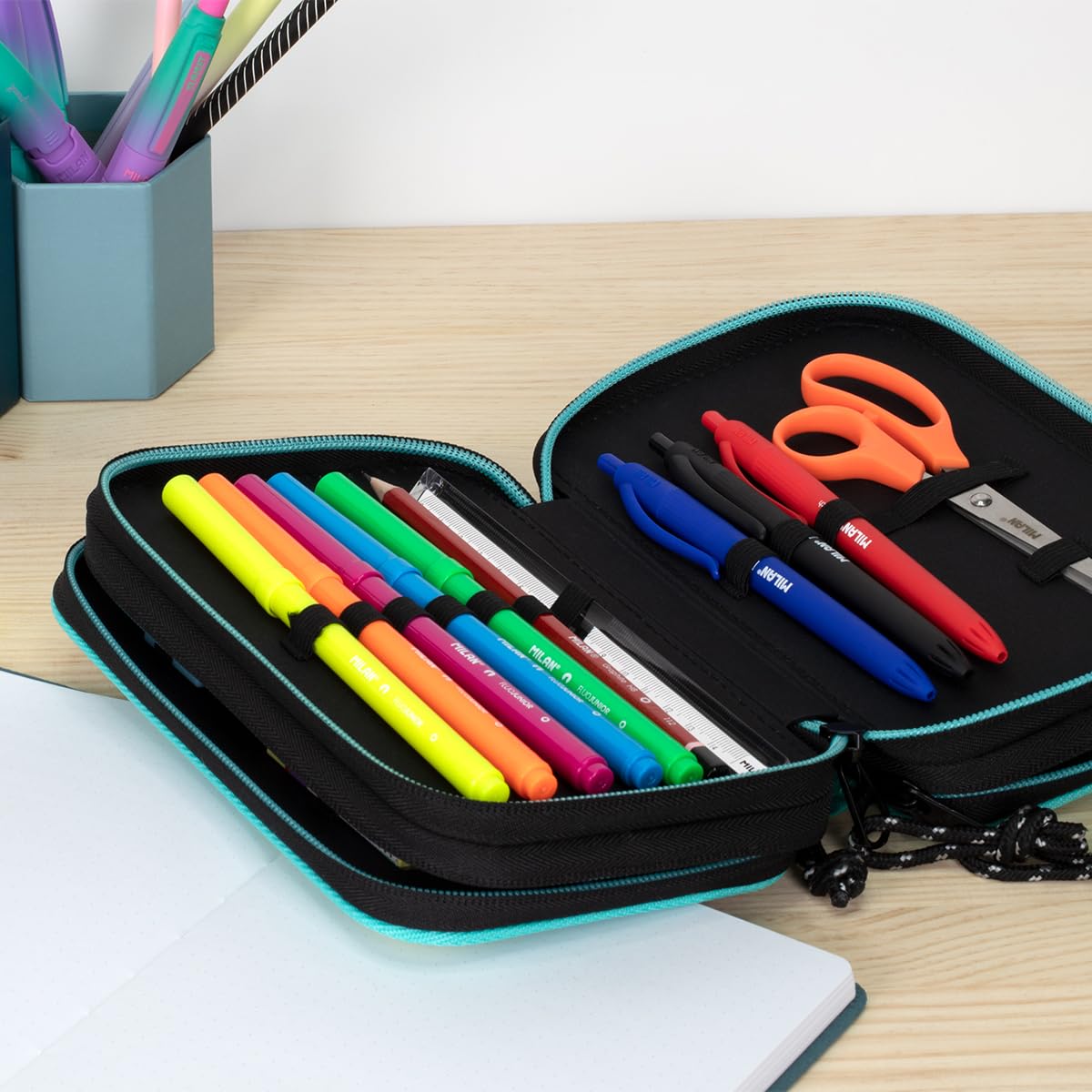 MILAN 3 Tier Pencil Case with Sunset Content, Green, Mediano - Image 2