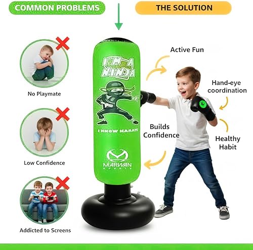 Miniatura 7 de Marwan Sports 5-in-1 Inflatable Punching Bag for Kids – 63" Karate Toy Set with Boxing Gloves, Durable Fast Rebound, Active Play, Stress Relief