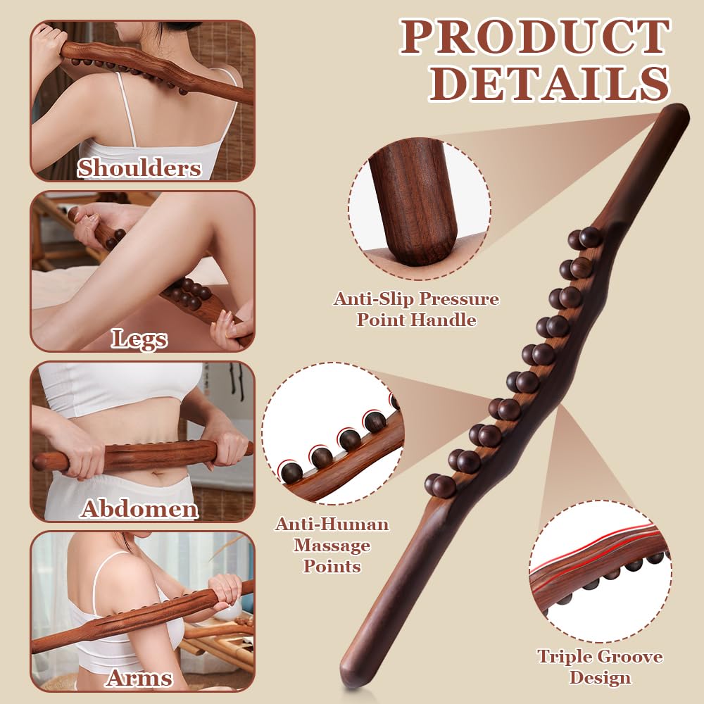 Gua Sha Wooden Therapy kijek do masażu, HOVCEH 20 koralików, drewniany pręt do masażu, do masażu powięzi, do masażu stóp i rąk, narzędzie do rozluźniania mięśni