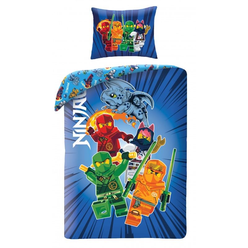 Halantex Parure de Lit Lego Ninjago Réversible, Housse de Couette 135x200 cm + Taie d'oreiller 80x80 cm, Bleue