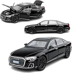 Miniatura Esportivo Aud A8 Escala 1:32, Carrinho de Ferro com Fricção e Faróis que Acendem, Modelo Esportivo (Preto)