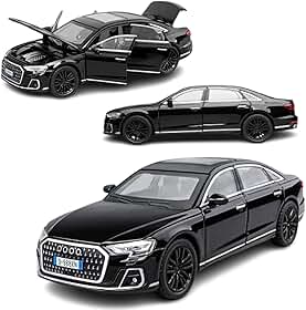 Miniatura Esportivo Aud A8 Escala 1:32, Carrinho de Ferro com Fricção e Faróis que Acendem, Modelo Esportivo (Preto)