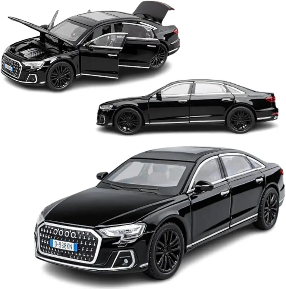 Miniatura Esportivo Aud A8 Escala 1:32, Carrinho de Ferro com Fricção e Faróis que Acendem, Modelo Esportivo (Preto)
