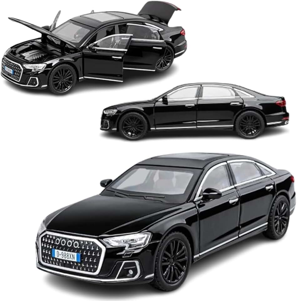 Miniatura Esportivo Aud A8 Escala 1:32, Carrinho de Ferro com Fricção e Faróis que Acendem, Modelo Esportivo (Preto)