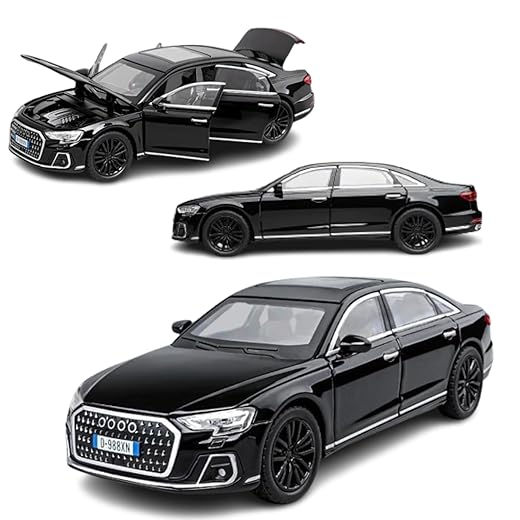 Miniatura Esportivo Aud A8 Escala 1:32, Carrinho de Ferro com Fricção e Faróis que Acendem, Modelo Esportivo (Preto)