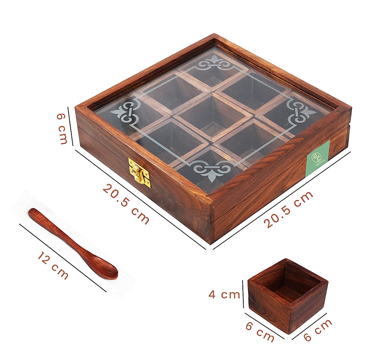 Woodiva Aufbewahrungsbox für Gewürze aus Holz für Küchenbehälter mit Löffel (9 Behälter)
