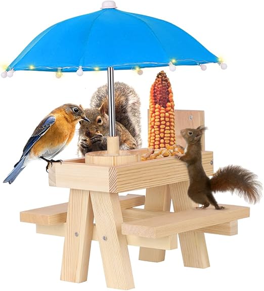 Squirrel Feeder for Outside Hanging with Umbrella-Bird Squirrel Picnic Table Feeder with String Lights(Natural Wood & Wooden Water Bowl Blue)