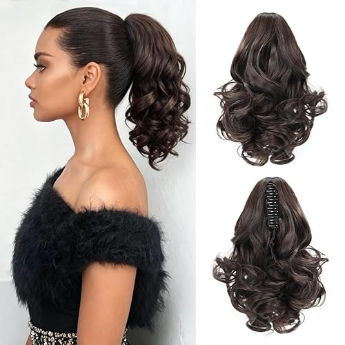 Ponytail Extension, 12in Claw Clip in Curly Wavy Pony Hair