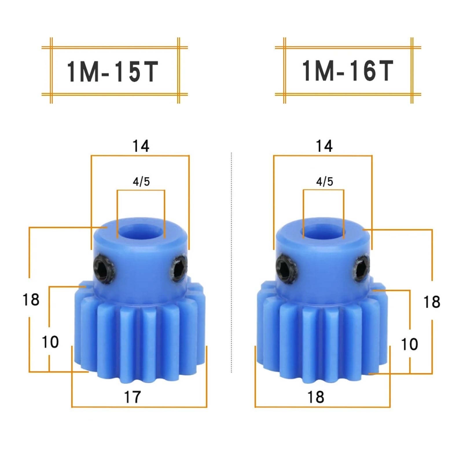 Bevel Gear Pinion Hardware Mechanical Nylon Gear 1M-15T/16T Teeth Pitch 3.14mm Blue Spur Gear Teeth Height 10mm Total Height 18mm Bore 4/5/6/6.35mm(1M-16 Teeth-10mm)
