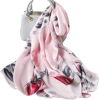 Silk Scarf Women Flower Printed Fashion Elegant Style Long Soft Shawl Wrap Warm Scarf Sunscreen Shawl All SeasonPink