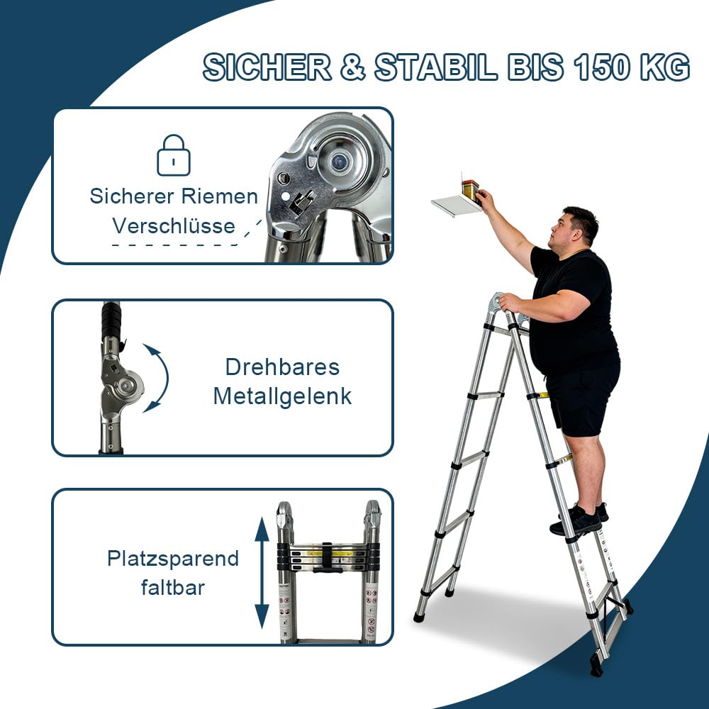 5M(2.5m+2.5m) Edelstahl Teleskopleiter, 2-in-1 Faltbare A-Form Leiter & Geradeleiter mit 150 kg Traglast, stabilere Verriegelung, Anti-rutschige Füße für Haushalt, Garten und Renovierung