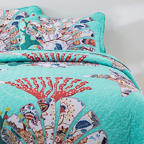 Djy 3 Pieces Quilt Set Queen Coastal Bohemian Quilt Coverlet Set Starfish Aqua Bedspread With 2 Pillow Shams Lightweight Coastal Bedding Quilt Set For All Season 90"X96" #TOP4
