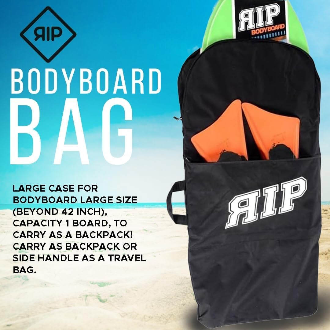 RIP BODYBOARDS - Durable Nylon Bodyboard Bag - Black, Protective Cover, Convenient Transport, Fins, Wetsuit, Wax Storage, Beach Accessories, Water Sports Gear, Backpack Style, Heavy-Duty Construction
