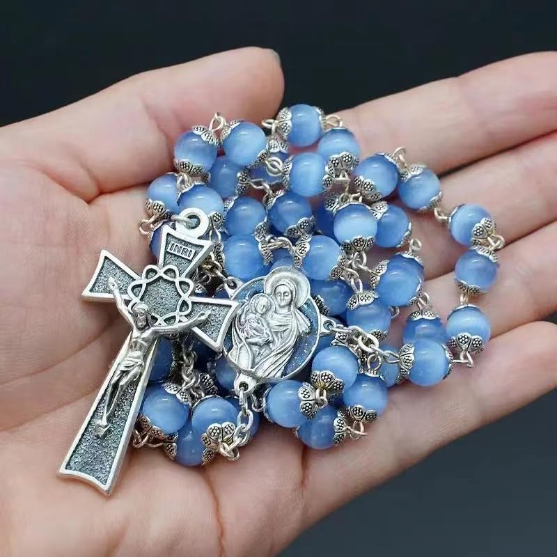 Rosary Beads Catholic for Woman - Italy 8-9mm AAA+ Natural Blue Cat Eyes Gemstone Rosary Beads. - Image 4