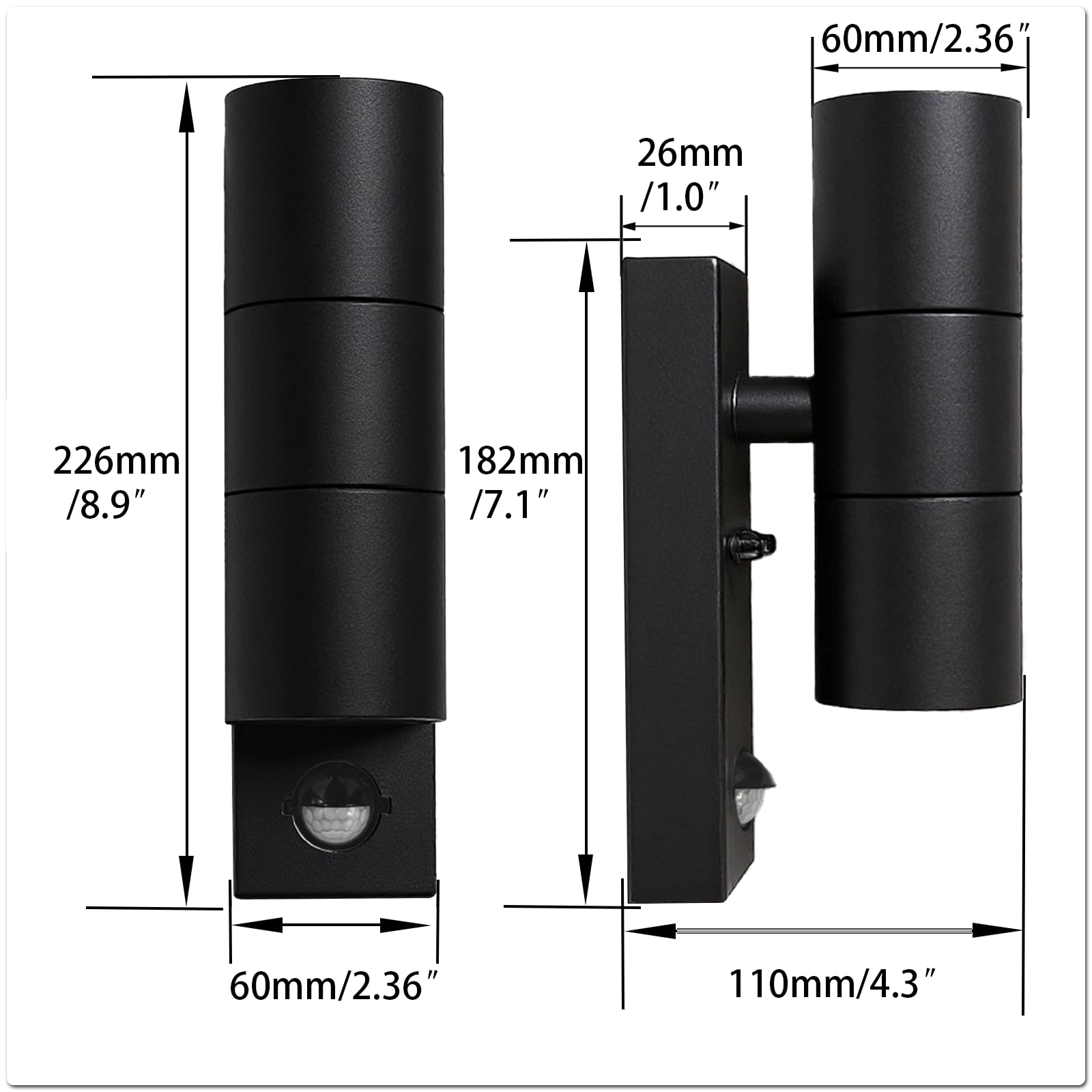 JNR Lampada da esterno a LED in acciaio inossidabile con sensore di movimento PIR regolabile e interruttore crepuscolare, impermeabile IP54 con regolazione, 230 V (2 Pack-Nero)
