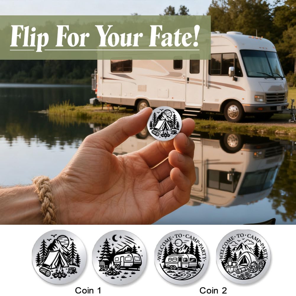 UNICRAFTALE 2Pcs 2 Styles Stainless Steel Camping Party Challenge Coin with Paper Box Decision Maker Coin Gifts for Men Women Camp Bachelorette Party Favors for Camping Bridal Shower Team Bride - Image 4