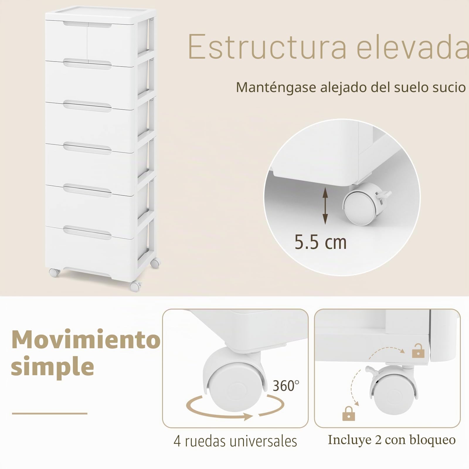 GIANTEX Cajonera de Plástico con 4 Ruedas, Organizador con 5/6/7 Cajones, Carrito de Almacenamiento para Dormitorio, Salón, Estudio (7 Cajones)