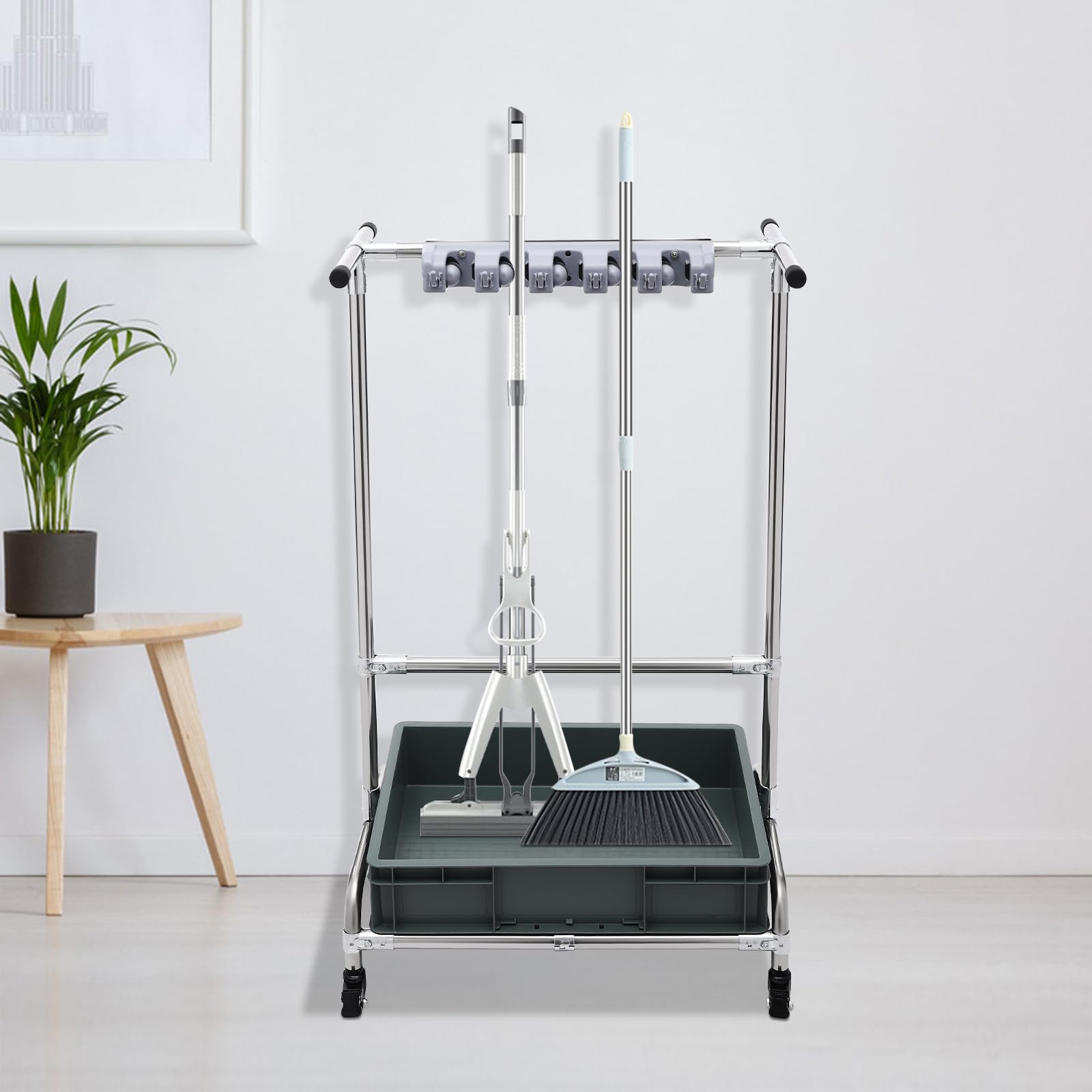 4 Rollen Premium-Mopphalter 12 Haken, 10 Schlitze & integrierter Wassertank Halter Gartengeräte Organizer Garden Tool Storage Rack Besenhalterung Wand Reinigungswagen Putzwagen Verstärkte Träger Ordn
