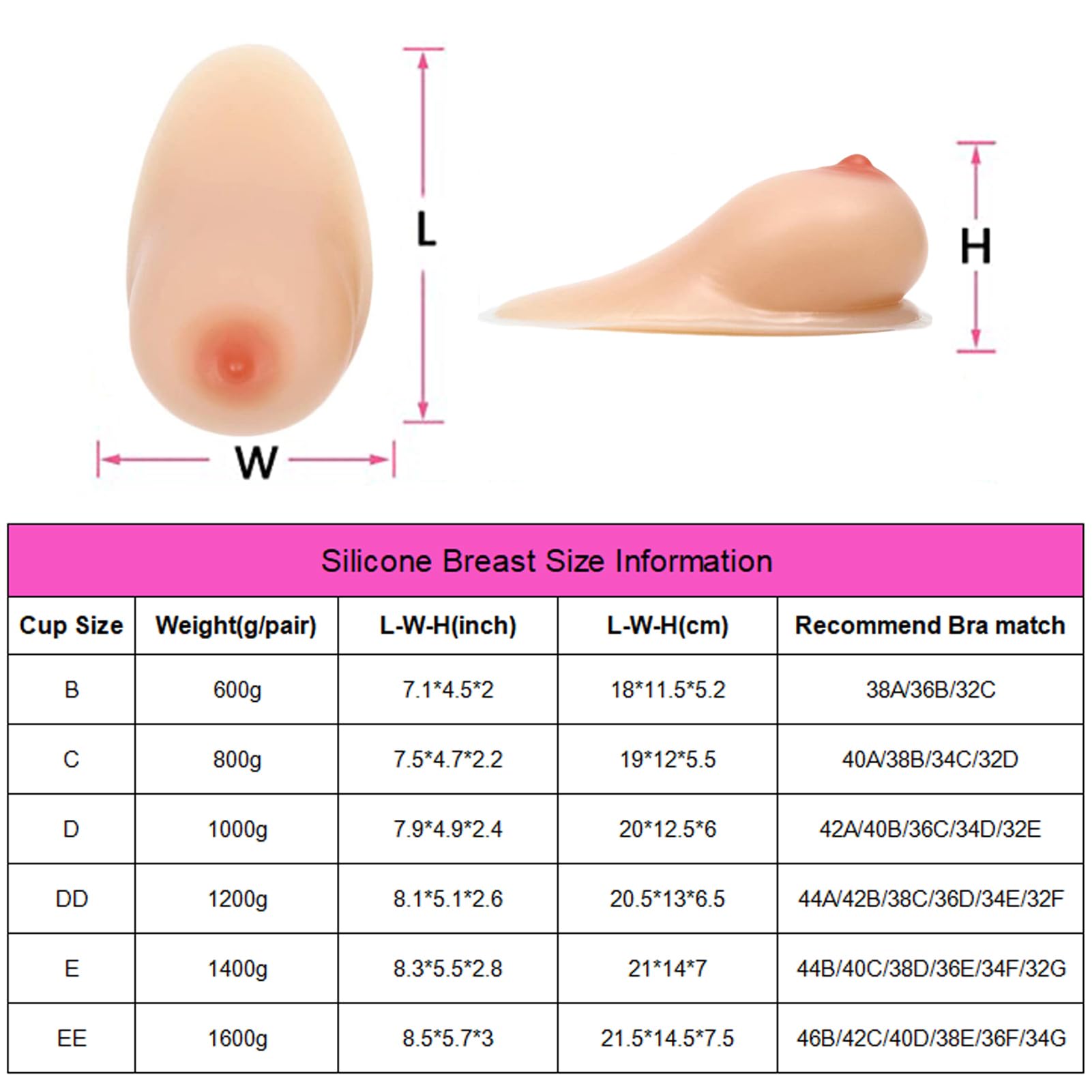 Protesi per mastectomia in silicone a forma di lacrima, autoadesive, artificiali, per cosplay transgender (1600 g/paio, color carne)