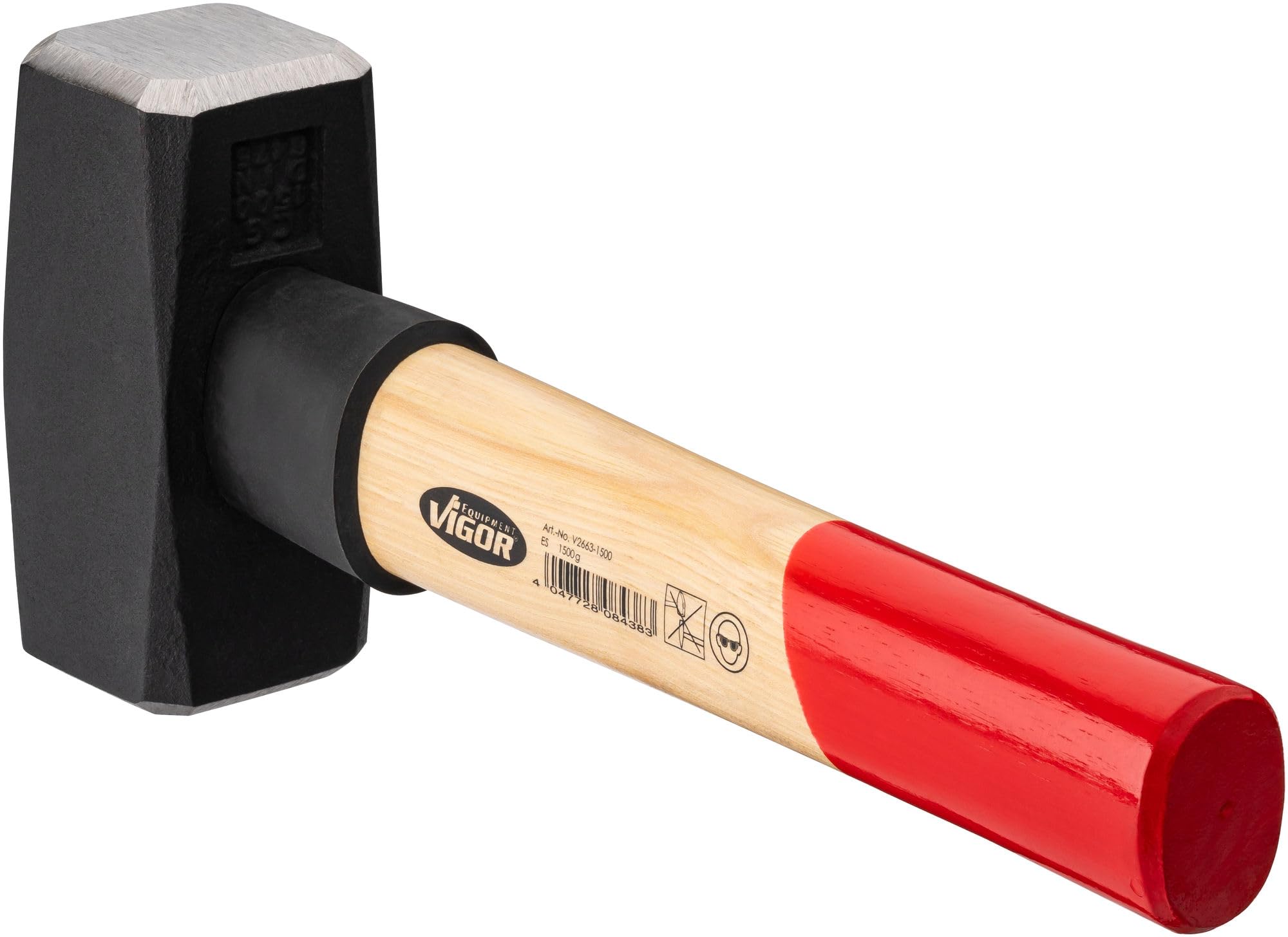 ViGOR V2663-1500 Massette 1500 g, manche en bois d'hickory avec protection contre les chocs en caoutchouc, longueur 280 mm, marteau lourd pour des coups puissants et un travail précis