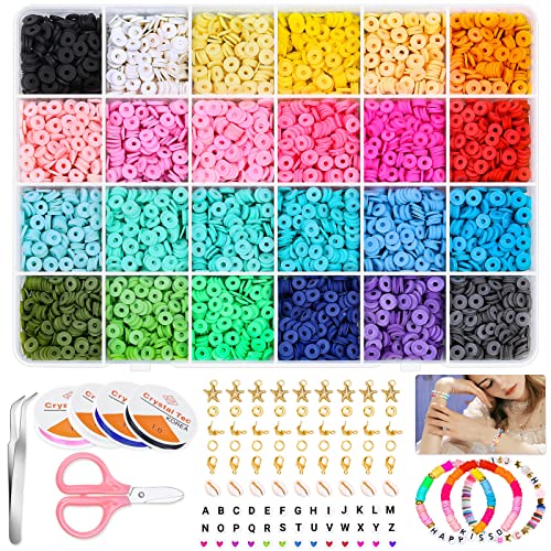 5310 Stück Tonperlen 6mm 24 Farben Flache Heishi Polymer Clay Perlen mit Buchstabenperlen Muscheln Seestern Anhänger und 4 Rolle elastische Schnüre für DIY Schmuckherstellung Armbänder Halskette Cover