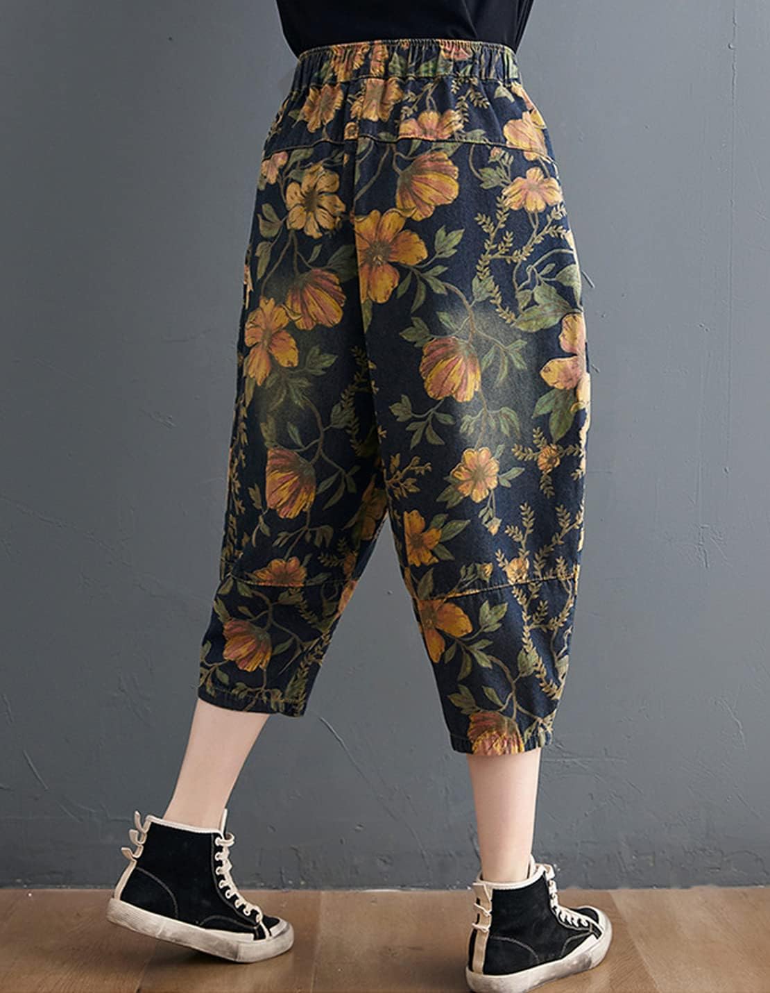 Women's Casual Denim Jeans Print Drawstring Elastic Waist Cotton Loose Splicing Harem Pants - Image 5