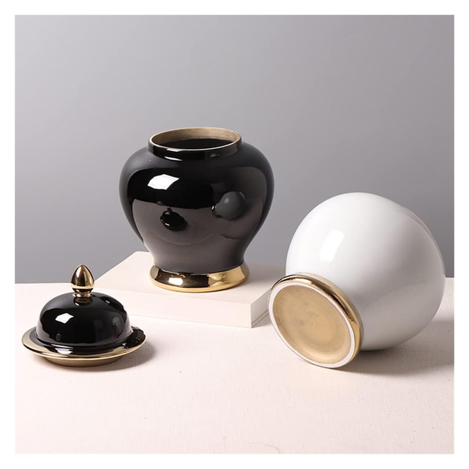 Wazon ceramiczny, słoik na imbir z pokrywką, tradycyjny chiński dekoracyjny słoik porcelanowy, słoik świątynny z pokrywkami, błyszczące wazony na kwiaty, dekoracja, półka na książki (czarny) (bia